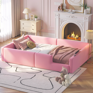 Sunvega Pink Twin Size Upholstered Platform Bed with Guardrail and Charging Station