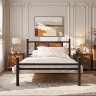 Sunvega Sturdy Twin Bed Frame with Wood Headboard Footboard and Metal Slats Support