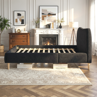 Sunvega King Upholstered Platform Bed with Curved Headboard in Oatmeal Chenille