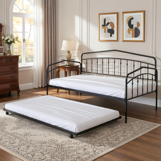 Sunvega Elegant Black Iron Twin Daybed with Trundle and Metal Slats