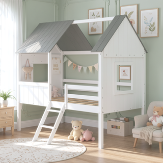 Sunvega Twin Size Low Loft Wood House Bed with Two Side Windows in White and Gray
