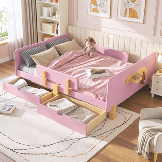 Sunvega Twin Size Solid Wood Platform Bed with Storage Drawers and Guardrail