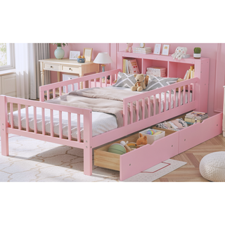 Sunvega Twin Size Bed with Headboard Storage, Two Under-Bed Drawers, and Three-Side Guardrails