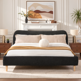 Sunvega King Upholstered Platform Bed with Curved Headboard in Oatmeal Chenille