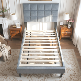 Sunvega Twin Bed with Adjustable Headboard and Soft Brushed Linen Fabric