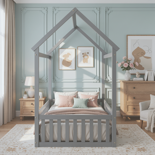 Sunvega Twin Size Wood House Bed with Fence Door and Distressed Washed Design
