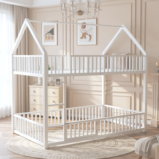Sunvega Sturdy Metal Twin over Twin House Bunk Bed with Fence and Door