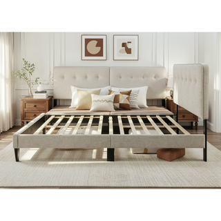 Sunvega Queen Upholstered Pleated Bed in a Box with Sturdy Dark Brown Frame