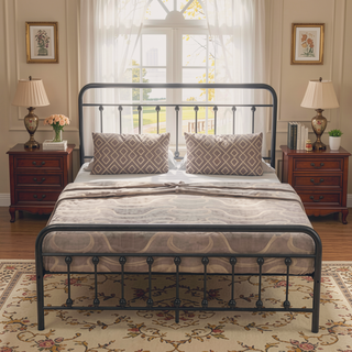 Sunvega Victorian Style Queen Size Metal Platform Bed Frame with Headboard and Under Bed Storage