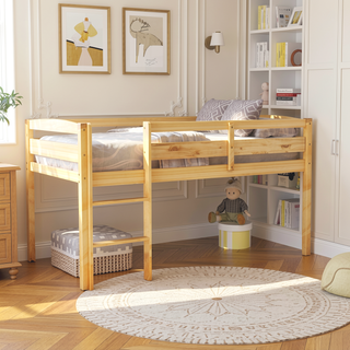 Sunvega Low Twin Wood Loft Bed with Ladder in Walnut for Kids Bedroom