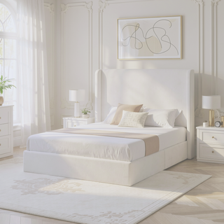 Sunvega Minimalist Upholstered Wingback Bed Frame with 54 Inch Headboard in Textured Ivory Canvas Chenille