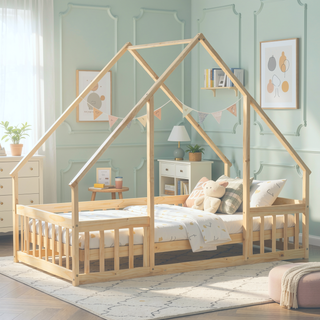 Sunvega Twin Wood House Floor Bed with Guardrail Fence in Grey