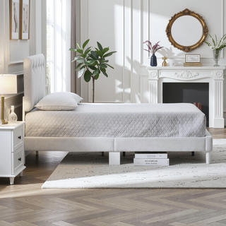 Sunvega Soft Teddy Bear Wheat Color Fabric Upholstered Queen Platform Bed