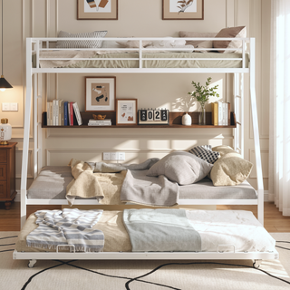 Sunvega High-Stability Square Tube Bunk Bed with Ladder & Rolling Trundle for Home Dormitory