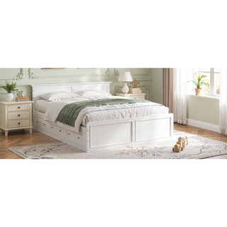 Sunvega Sturdy White Queen Size Platform Bed Frame with 6 Storage Drawers
