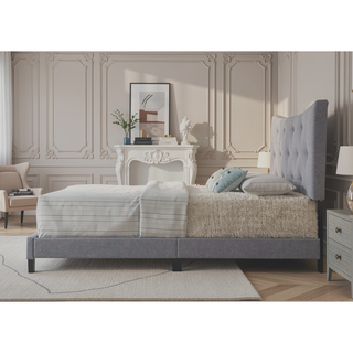 Sunvega Grey Queen Bed with Tufted Headboard and Button Tufted Design