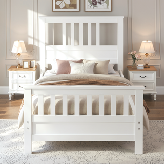 Sunvega White Wood Platform Bed with Headboard Footboard and Slat Support