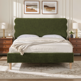 Sunvega Retro Modern Wavy Headboard Platform Bed with Upholstered Frame in Antique White