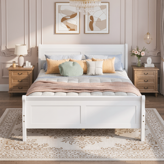 Sunvega Classic White Oak Queen Platform Bed with Headboard and Wood Slat Support