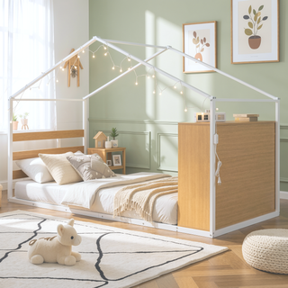 Sunvega Twin Size Black Metal House Bed Frame with Shelves and LED Lights