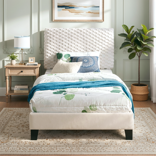 Sunvega Plush 3D Upholstered Platform Bed in White Dove with Height Adjustable Headboard
