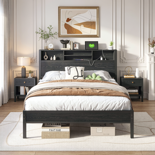 Sunvega Twin Size Bed Frame with Storage Headboard, Charging Station, and Bookcase