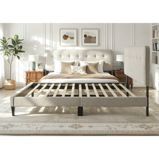 Sunvega Queen Upholstered Pleated Bed in a Box with Sturdy Dark Brown Frame