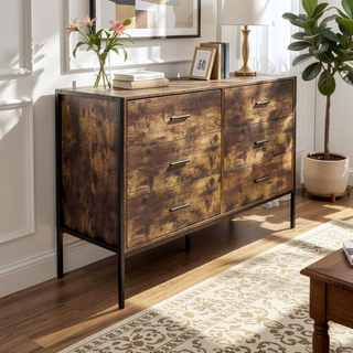 Sunvega Industrial Rustic Brown Wood Dresser with 4 Drawers and Steel Frame