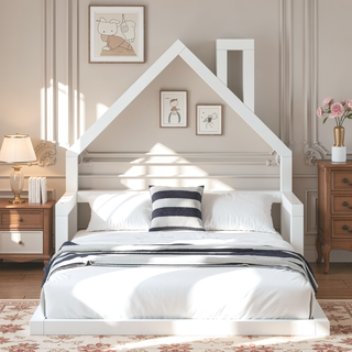 Sunvega Natural Wood Floor Bed with House-Shaped Headboard for Kids Room