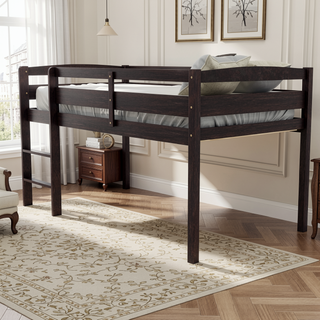 Sunvega Low Twin Wood Loft Bed with Ladder in Walnut for Kids Bedroom
