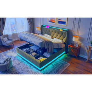 Sunvega Full Size Upholstered Bed with 360 LED Lighting Hydraulic Storage and USB Charging