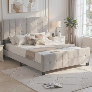 Sunvega Tufted Upholstered Queen Panel Bed with Grid Headboard and Footboard