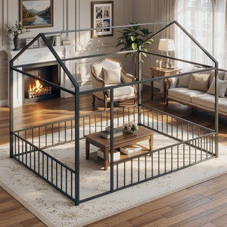 Sunvega Full Size Playhouse Metal Bed Frame with Fence for Kids and Teens