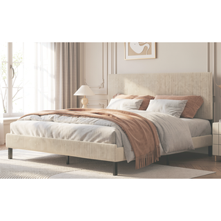 Sunvega Sturdy Noiseless Metal King Bed Frame with Beige Headboard
