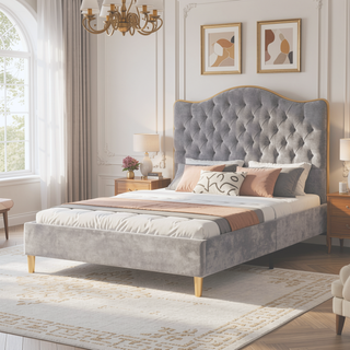 Sunvega Upholstered Queen Bed Frame with Tufted Headboard and Curved Design
