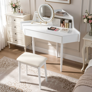 Sunvega Space-Saving Corner Makeup Vanity with Tri-Folding LED Mirror and Stool