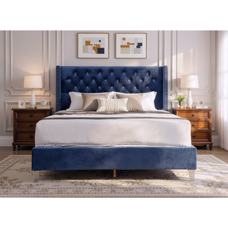 Sunvega Navy Blue Upholstered Queen Bed with Transitional Design Headboard