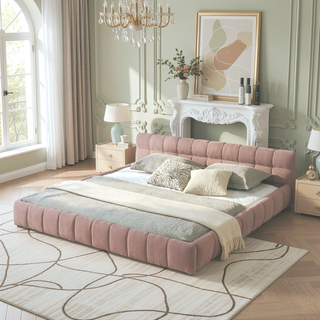Sunvega Grounded California King Upholstered Bed Frame with Soft Chenille Fabric Headboard