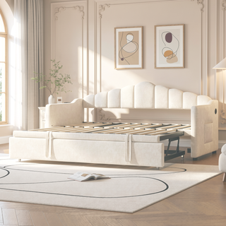 Sunvega Twin Size Upholstered Daybed with Pop Up Trundle and USB Charging