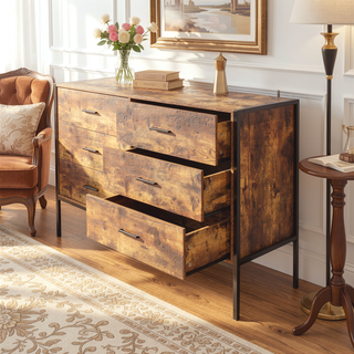 Sunvega Industrial Rustic Brown Wood Dresser with 4 Drawers and Steel Frame