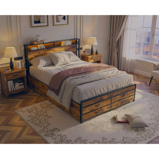 Sunvega Full Size Storage Bed Frame with LED Headboard Charging Station and 8 Drawers