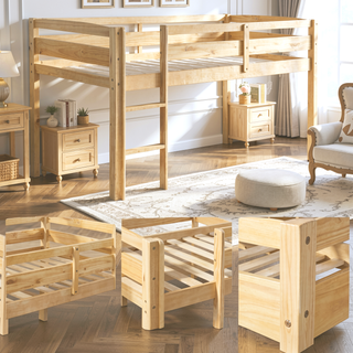 Sunvega Low Twin Wood Loft Bed with Ladder in Walnut for Kids Bedroom