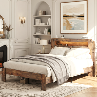 Sunvega Queen Bed Frame with Storage Headboard USB Ports and Vintage Shelf Design