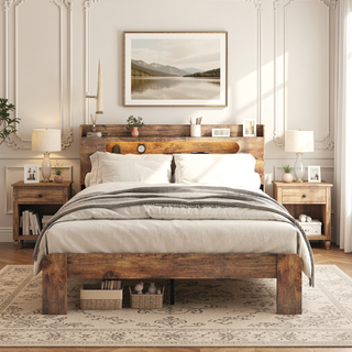 Sunvega Queen Wood Platform Bed Frame with Storage Headboard and 2 USB Ports
