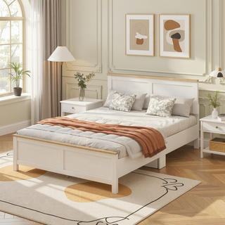 Sunvega Modern Minimalist Full Bed Frame with Headboard and Wood-Grain Tops