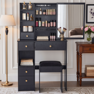 Sunvega Small Space Vanity Table with Cushioned Stool and Extra Large Sliding Mirror
