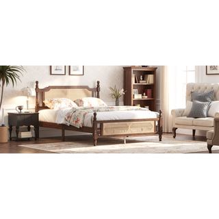 Sunvega Queen Pine Wooden Bed with Rattan Headboard and Footboard for Bedroom