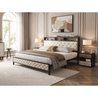 Sunvega King Size Platform Bed Frame with Charging Station and Upholstered Storage Headboard