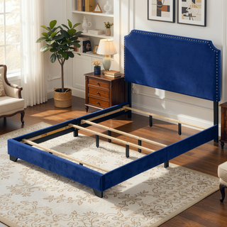 Sunvega Blue Queen Panel Bed with Scooped Headboard and Upholstered Footboard