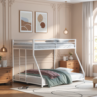 Sunvega Twin Over Full Low Bunk Bed with Reversible Ladder in Matte White Finish